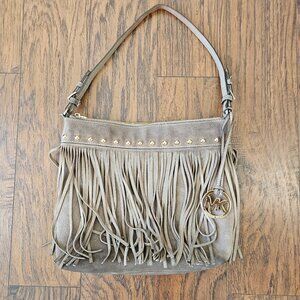 Michael Kors Billy Fringe Suede Crossbody Purse Studded Soft Dune Bohemian Rock